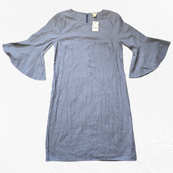 J Crew Chambray Blue White Striped Bell Sleeve Boat Neck Shift Mini Dress Size 2 - Picture 1 of 10